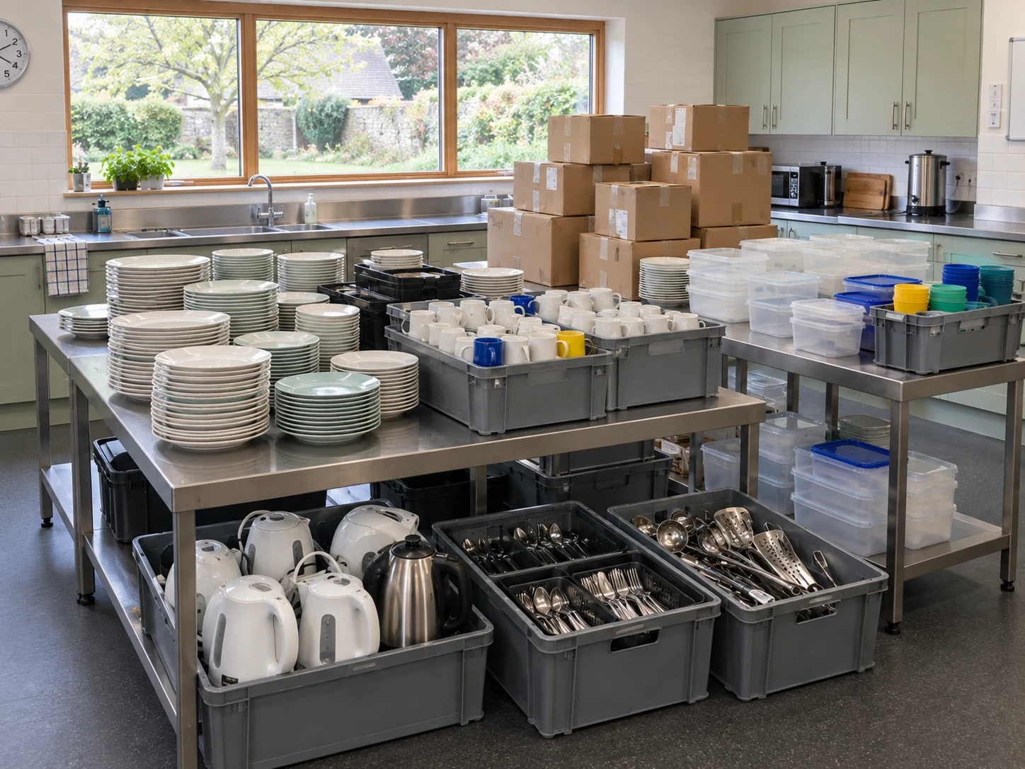 Catering stock with plates, cups, kitchen utensils and small appliances