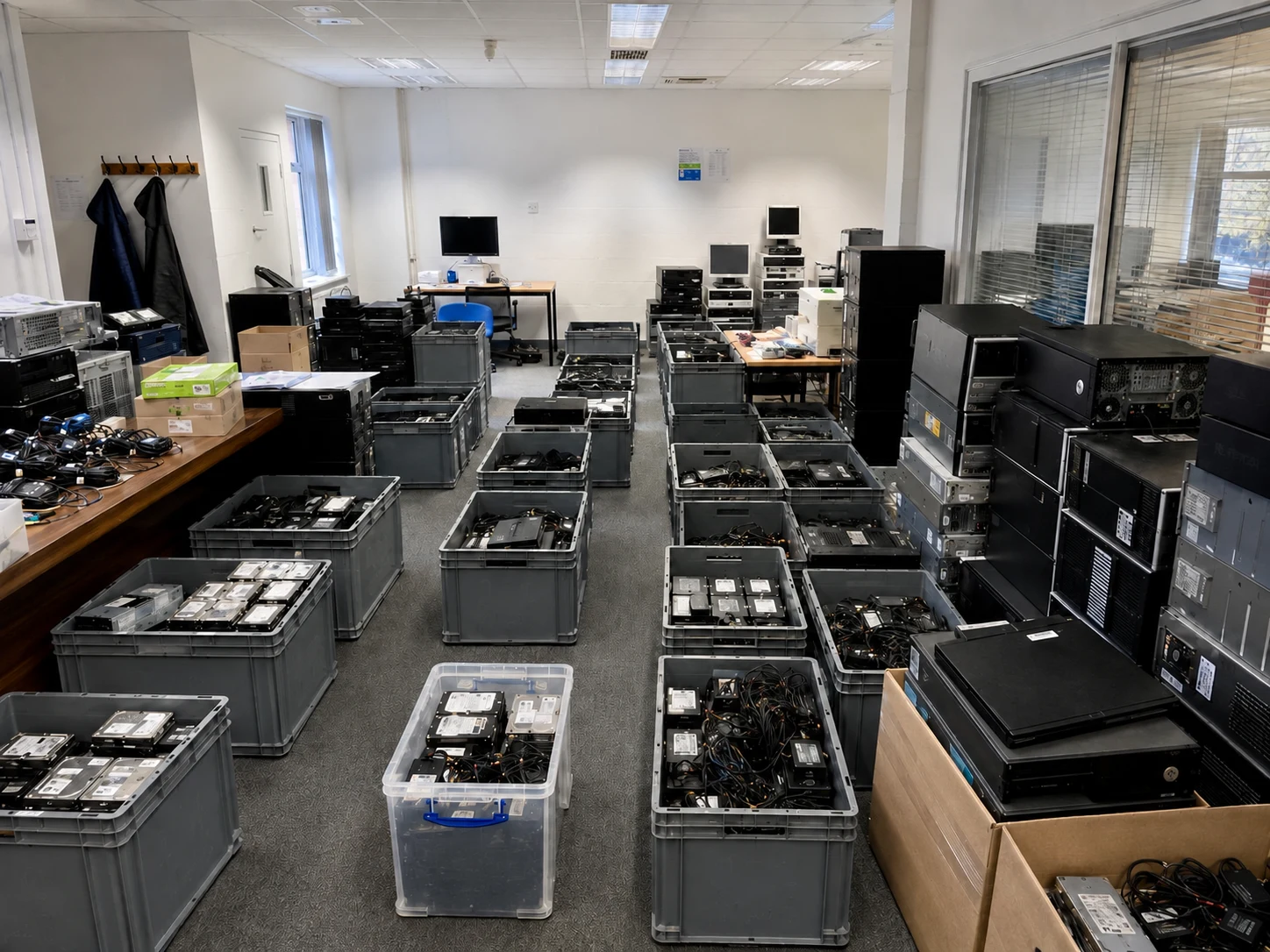 IT stock including computers, monitors, drives and cables in crates