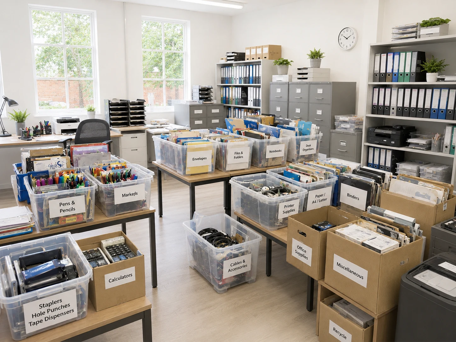 Stationery, files, folders and office supplies sorted for redistribution